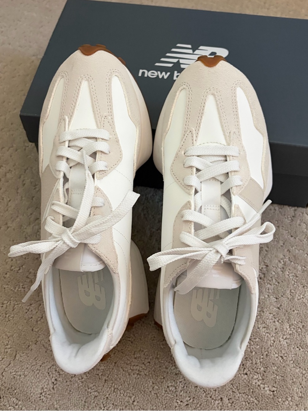 New Balance 327 Women's Cream and Tan Retro Runner Sneakers - Picture 2 of 3